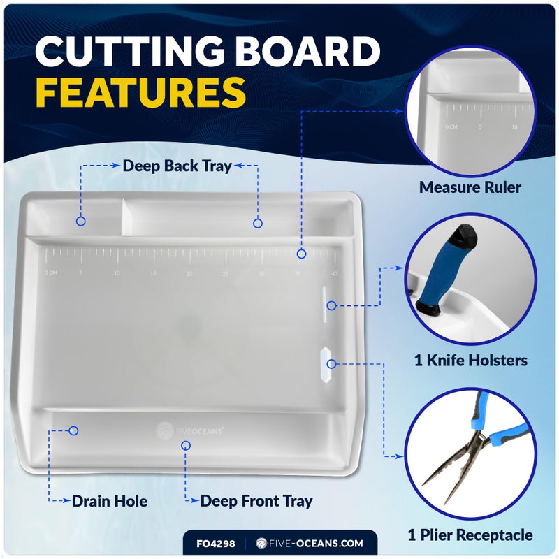 Five Oceans Boat Cutting Board, 17"x14"- Deluxe Bait Cutting Table with Rod Holder Mount, Knife & Pliers Holder, 3 Deep Trays & Draining Hole - 1-Year Warranty - FO4298 - Image 3